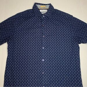 Denim & Flower Blue Button Up Men’s Medium Short Sleeve Slim Fit 100% Cotton